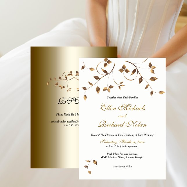 Convite Casamento de Folhas Douradas Elegante com RSVP (Elegant Gold Leaves Wedding with RSVP Invitation)