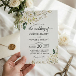 Convite Casamento de Folhas Douradas Florais Rosa Branca V