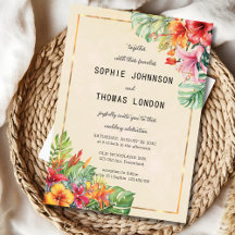 Casamento de folhas e flores exóticas com aquarela