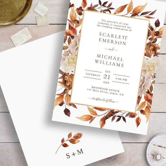 Convite Casamento de Folhas Elegantes de Outono (Fall Elegant Leaves Wedding Invitation
)