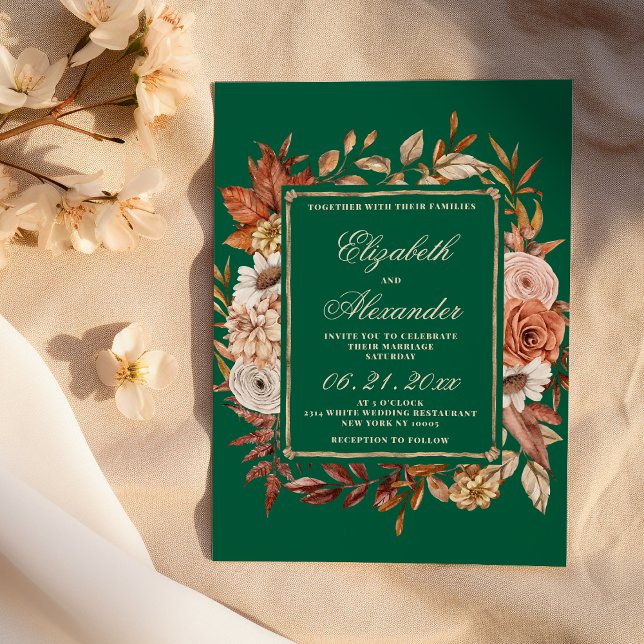Convite Casamento de folhas florais marrons verdes de outo (Fall brown green floral leaves winter wedding )
