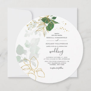 Convite Casamento de Folhas Geométricas Douradas Eucalyptu