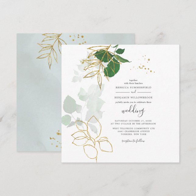 Convite Casamento de Folhas Geométricas Douradas Eucalyptu (Frente/Verso)