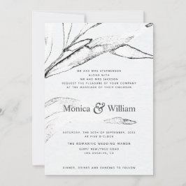 Convite Casamento de folhas gráficas modernas, brancas e p