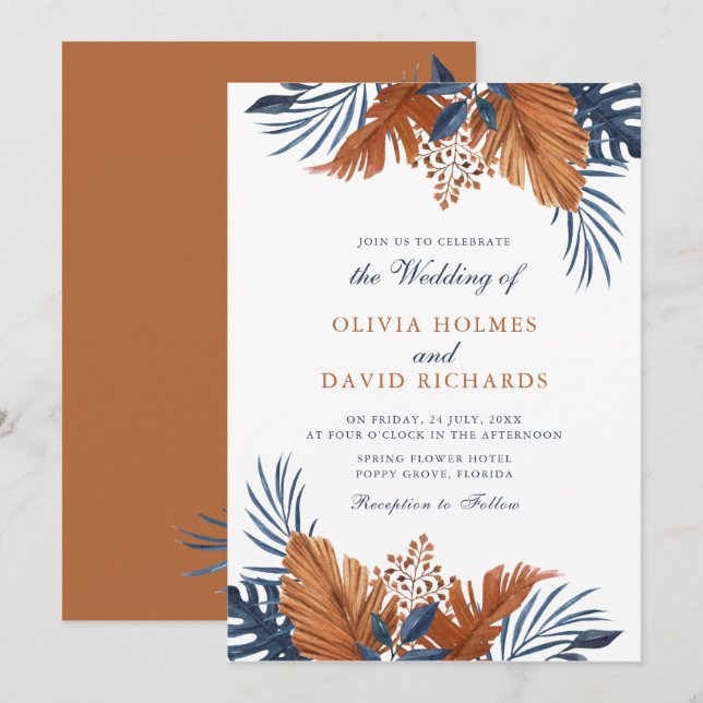 Convite Casamento de Folhas Marrom Rústico e Azul da Meia- (Frente/Verso)
