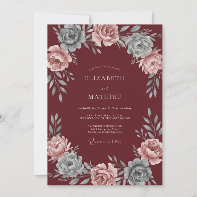 Convite Casamento de Folhas Pintadas de Oxblood (Frente)
