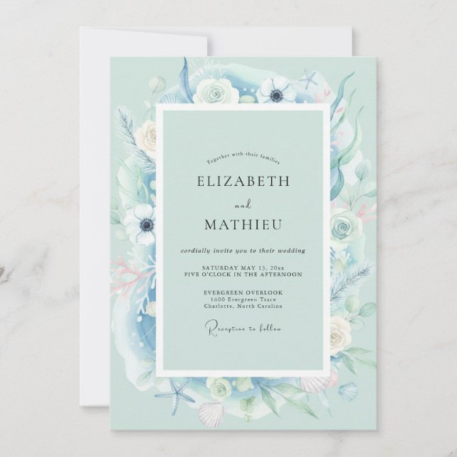 Convite Casamento de Folhas Pintadas em Aqua (Frente)