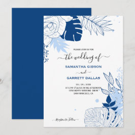 Convite Casamento De Folhas Tropicais Azul E Branco