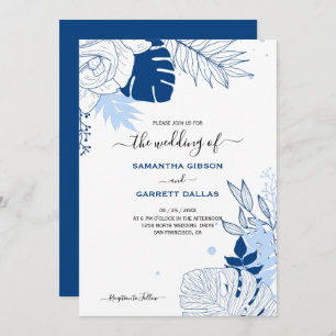 Convite Casamento De Folhas Tropicais Azul E Branco