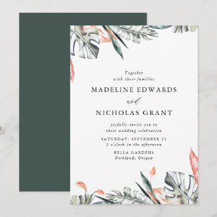 Convite Casamento de Folhas Tropicais Coral e Verde em Aqu