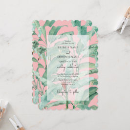 Convite Casamento de Folhas Tropicais de Banana Rosa