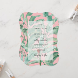 Convite Casamento de Folhas Tropicais de Banana Rosa