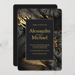 Convite Casamento de Folhas Tropicais Douradas Modernas