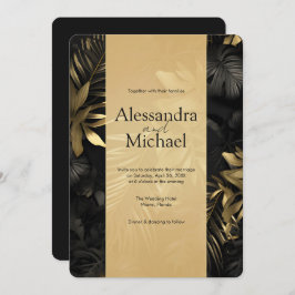 Convite Casamento de Folhas Tropicais Douradas Modernas