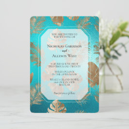 Convite Casamento de Folhas Tropicais Douradas Turquesa