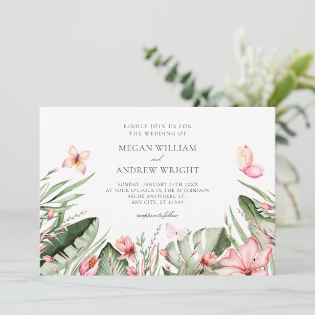 Convite Casamento de folhas tropicais e flores (Em pé/Frente)