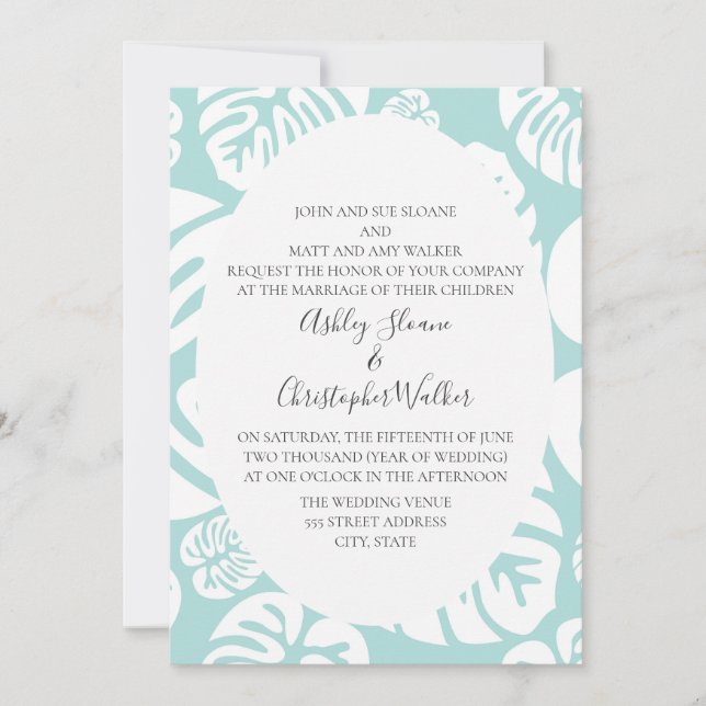 Convite Casamento de Folhas Tropicais em Azul e Branco Sua (Frente)