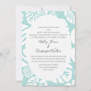 Convite Casamento de Folhas Tropicais em Azul e Branco Sua