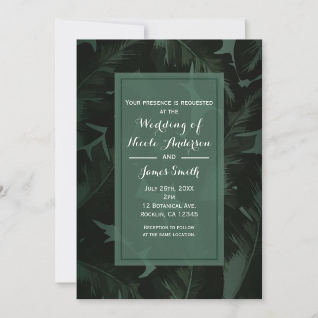 Convite Casamento de Folhas Tropicais Green & Black Chic (Frente)