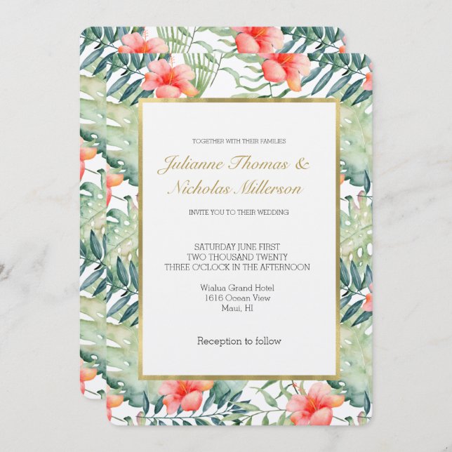 Convite Casamento de Folhas Tropicais Hibiscus Floral Wate (Frente/Verso)