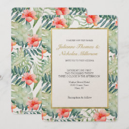 Convite Casamento de Folhas Tropicais Hibiscus Floral Wate