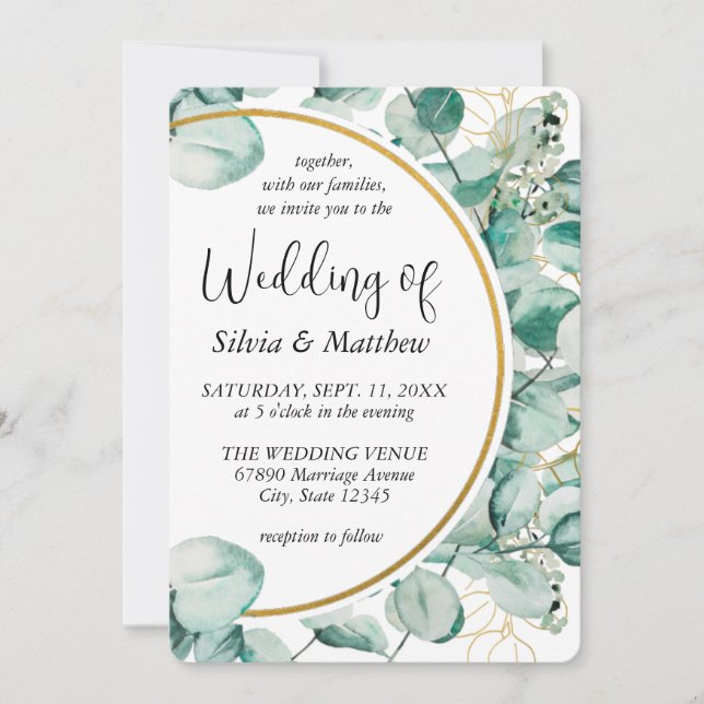 Convite Casamento de Folhas Verde-Menta em Aquarela (Frente)