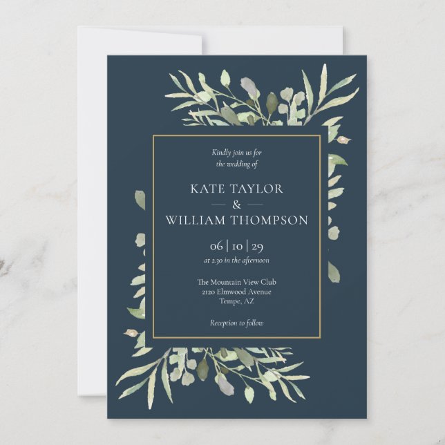Convite Casamento de Folhas Verdes e Azul Marinho Dourado (Frente)