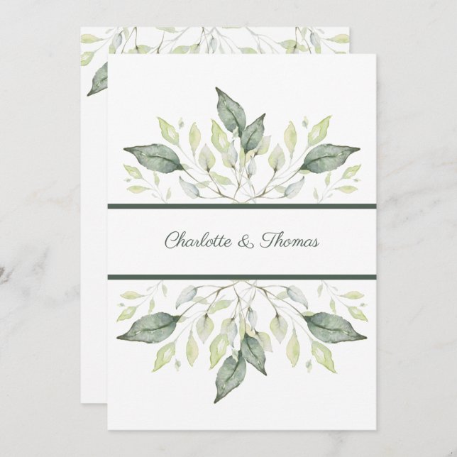 Convite Casamento de Folhas Verdes Elegante de Aquarela (Frente/Verso)