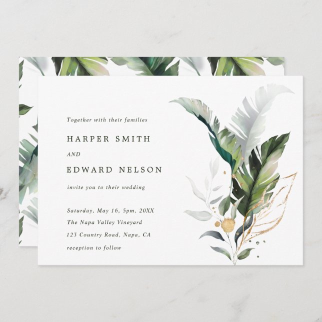 Convite Casamento de Folhas Verdes Tropicais (Frente/Verso)