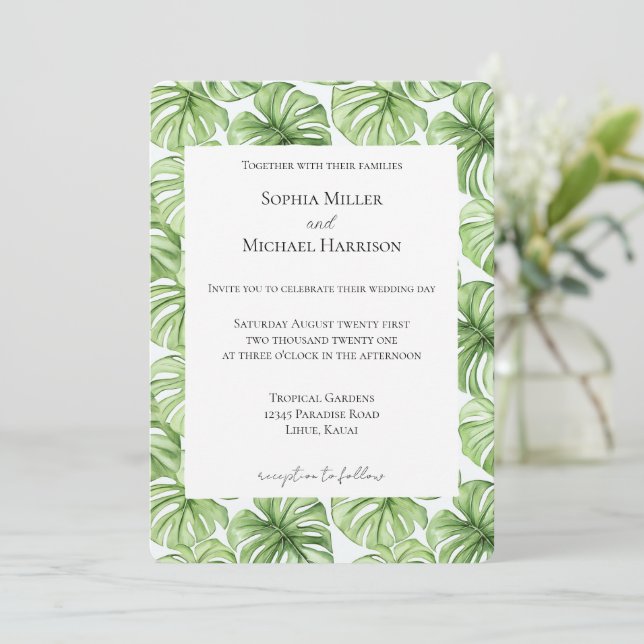 Convite Casamento de Folhas Verdes Tropicais (Em pé/Frente)