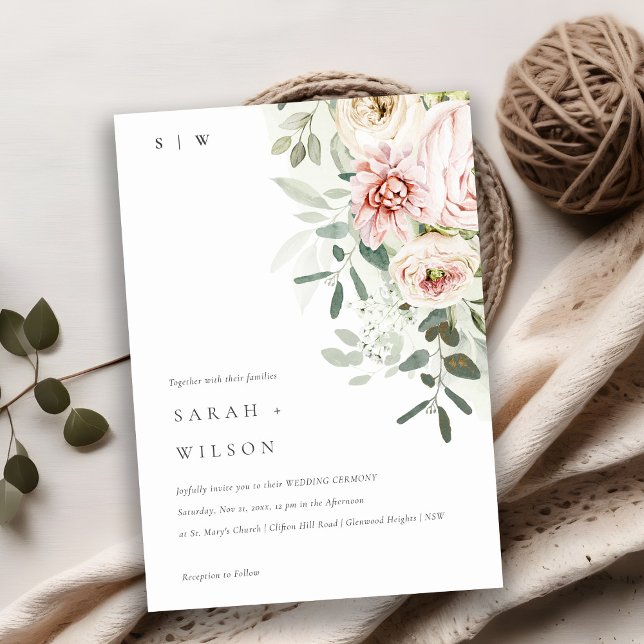 Convite Casamento de Foliage Eucalyptus, Peonies Rosa Suav (Criador carregado)