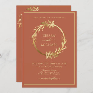 Convite Casamento de Foliage Terracotta Rust, Ouro Elegant