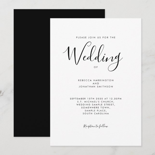 Convite Casamento de Fontes de Script Branco Preto (Frente/Verso)