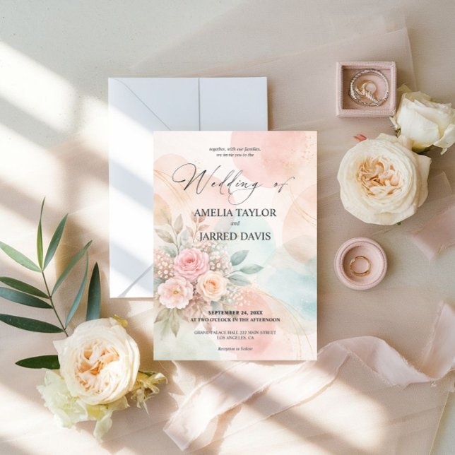 Convite Casamento de Formas Abstratas Florais em Aquarela  (Criador carregado)
