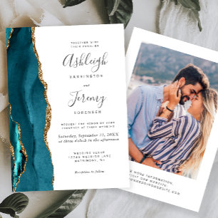 Convite Casamento de Foto Ágata Azul Teal Moderno Dourado