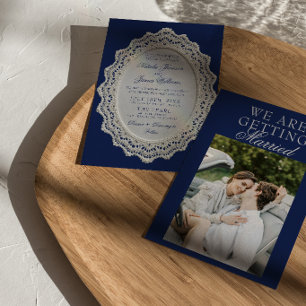 Convite Casamento de Foto Antigo Dinheiro Azul Marinho Ren