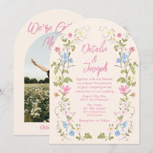Convite Casamento de Foto Arqueada de Verão Floral Rosa De