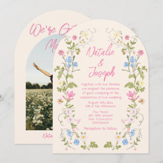 Convite Casamento de Foto Arqueada de Verão Floral Rosa De