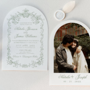 Convite Casamento de Foto Arqueada em Verde Salvia Vintage