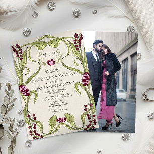 Convite Casamento de Foto Art Nouveau Vintage Rosa Borgonh