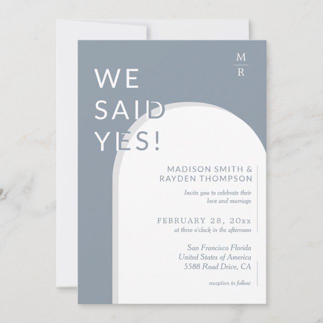 Convite Casamento de Foto Azul com Arch Moderno (Frente)