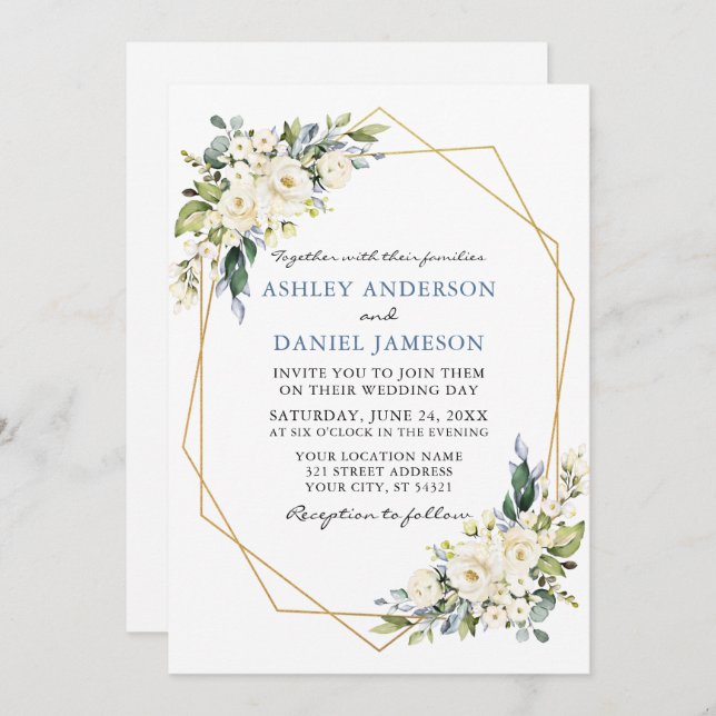 Convite Casamento de Foto Azul com Derrame Floral de Water (Frente/Verso)