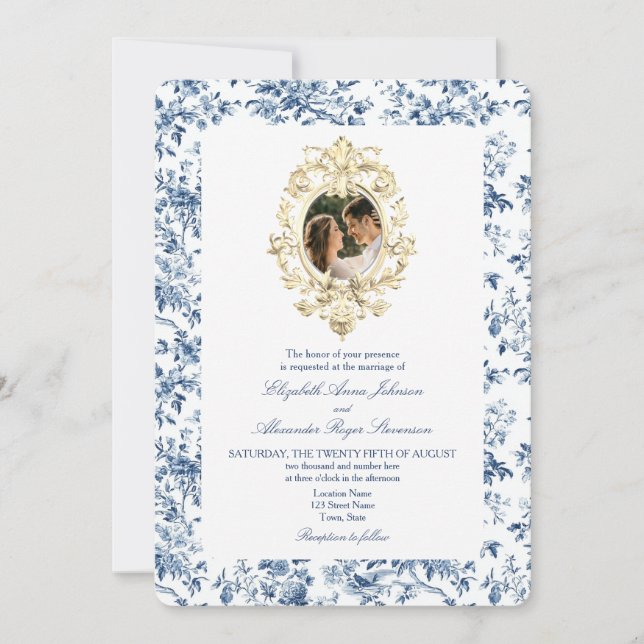 Convite Casamento de Foto Azul com Dusty Toile Floral (Frente)