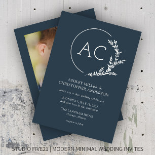 Convite Casamento de Foto Azul de Indigo com Quadro Foliar
