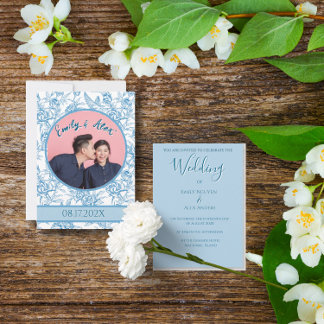 Convite Casamento de Foto Azul de Pássaro Floral Toile