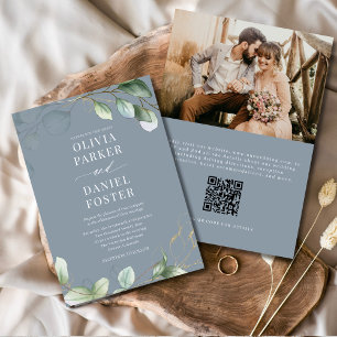 Convite Casamento de Foto Azul Dusty com Código QR Eucalyp