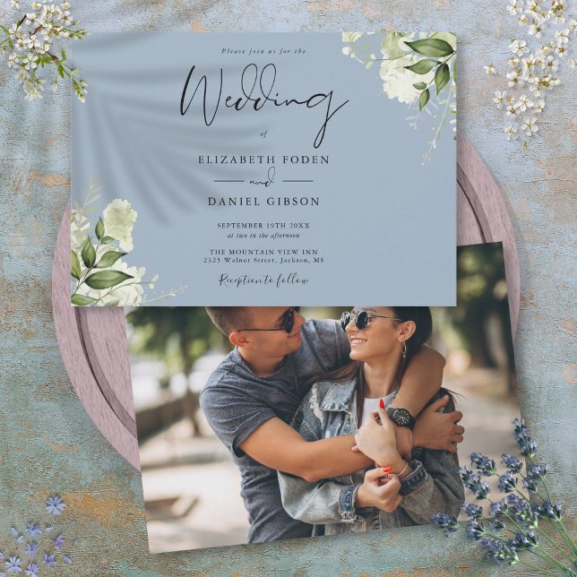 Convite Casamento de Foto Azul Dusty com Verde Botânico Mo (Modern Botanical Greenery Dusty Blue Photo Wedding Invitation)