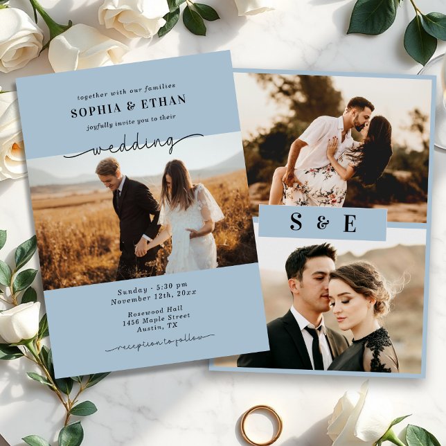 Convite Casamento de Foto Azul Dusty, Script Elegante (Criador carregado)