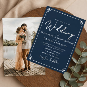Convite Casamento de Foto Azul e Branco com Letra Elegante