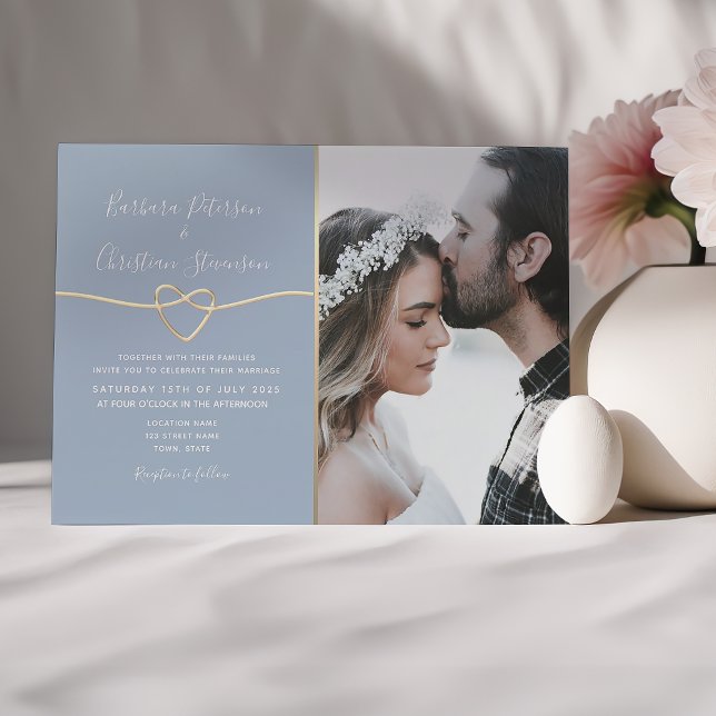 Convite Casamento de Foto Azul Empoeirado Simples Moderno (Criador carregado)